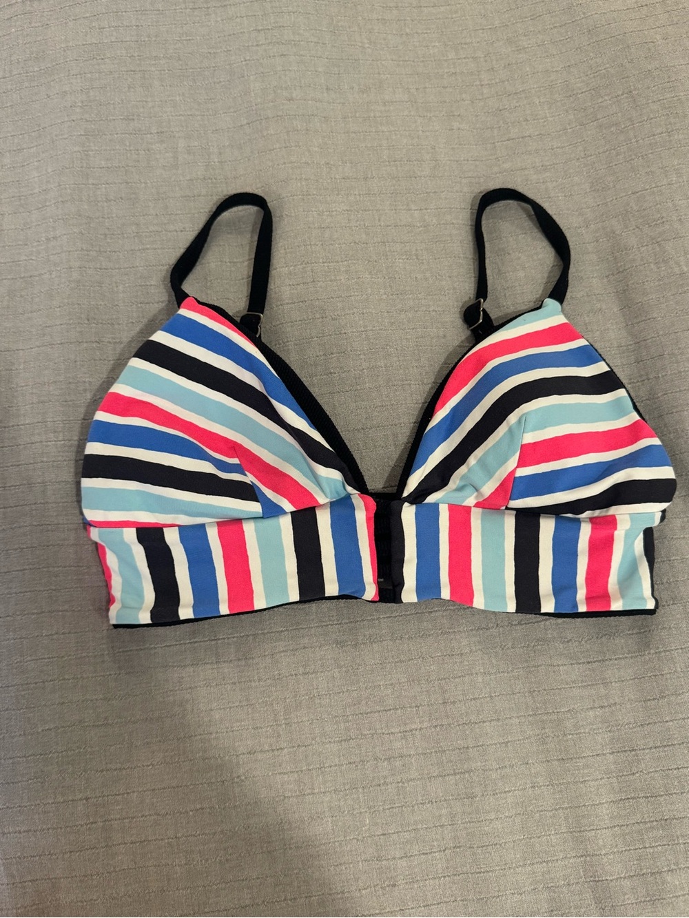 Maaji M Striped Triangle Bikini Top in Blue, Pink & White reversible black color